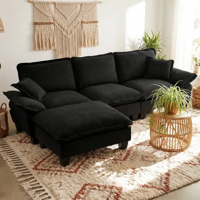 Zubaliya Modulaire L-vormige cloud bank - 263 cm met ottoman en 2 kussens - Zwart - Uniek zeilboot design en zachte chenille stof - Verwijderbare armleuningen - Geschikt voor woonkamer en appartement