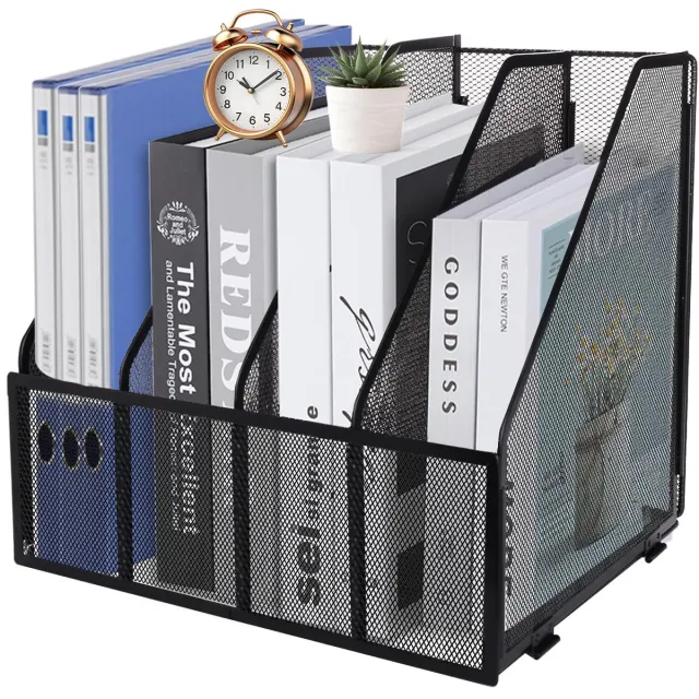 Famanu A4 tijdschriftenhouder van mesh met 4 secties, documenthouder voor een opgeruimd bureau, papieren organizer, archiveringsrek, zwart