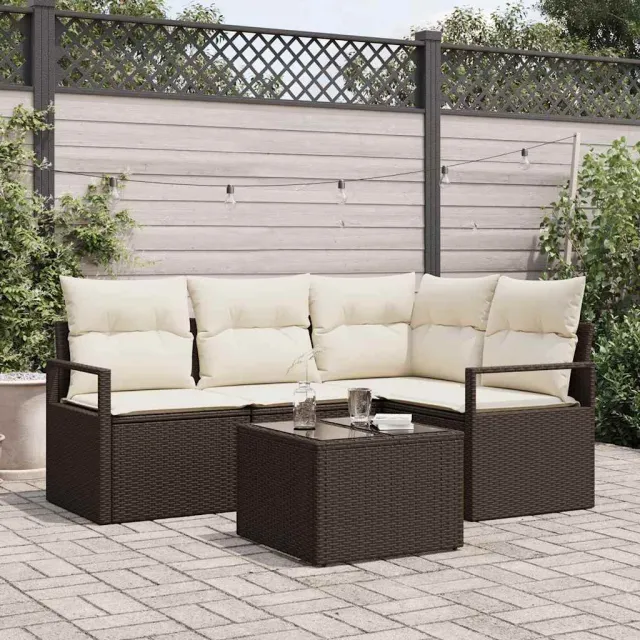 vidaXL Bankstel 5 st Bruin en Crème poly rattan, foto 2