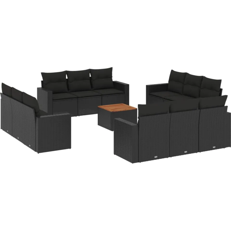 vidaXL 13-delige Loungeset met kussens poly rattan zwart, foto 3