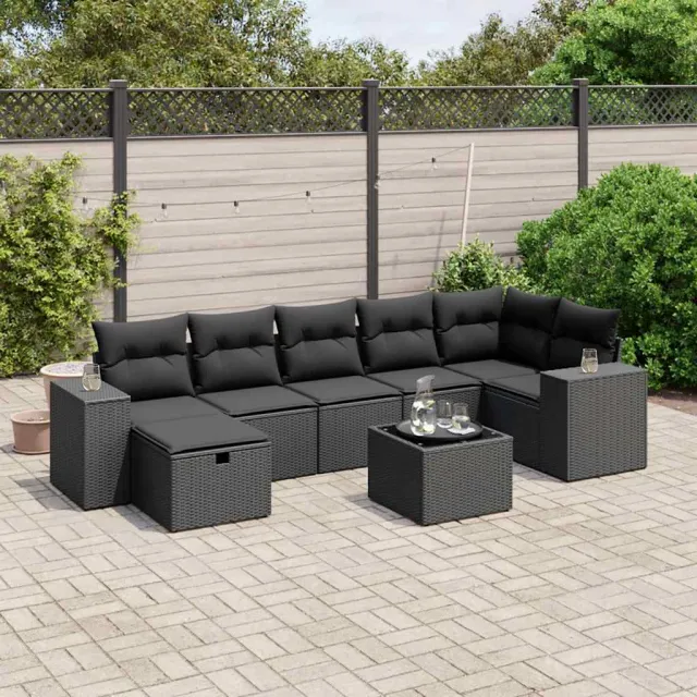vidaXL 8-delige Loungeset met kussens poly rattan zwart, foto 2