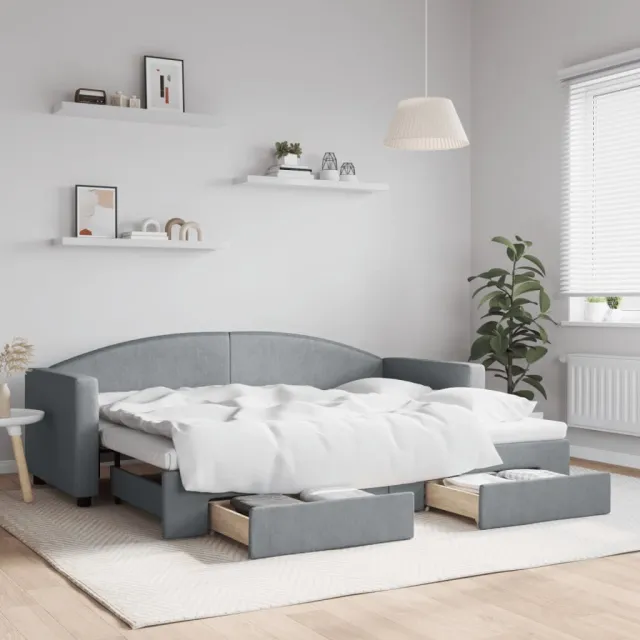 vidaXL Slaapbank met onderschuifbed en lades 80x200 cm stof lichtgrijs grijs