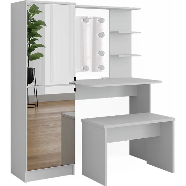 Vicco Kaptafel Jasmin, Wit, 123 cm met spiegel, LED-lichtslinger en bank