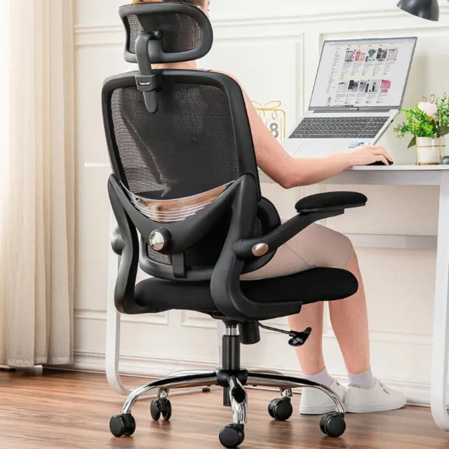 TONFARY Ergonomische bureaustoel, draaibare bureaustoel met hoge rugleuning van mesh, verstelbare lendensteun, inklapbare armleuningen, afneembare hoofdsteun, ruimtebesparend, 155-185 cm, tot 150 kg ZWART