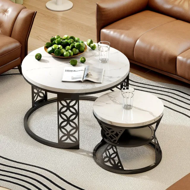 Wishdor Ronde Salontafel Set 2-delig (Ø70 & Ø45 cm) - In Elkaar Schuifbaar - Marmerlook - Zwart Metaal Wit