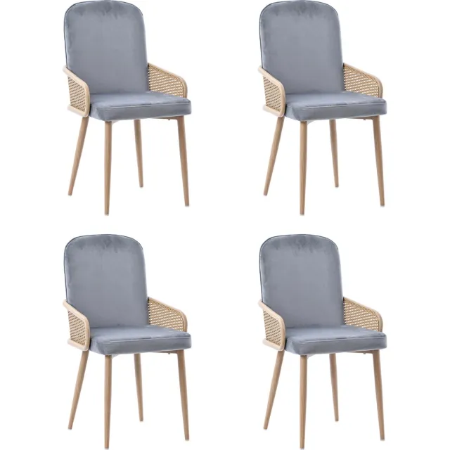 Merax Eetkamerstoelen Set van 4 – Grijs Velvet met Rattan Design – Moderne Luxe Stoelen