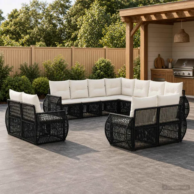 vidaXL Tuinbankenset 11 st 11-zits Zwart en Cream Wit poly rattan, foto 2