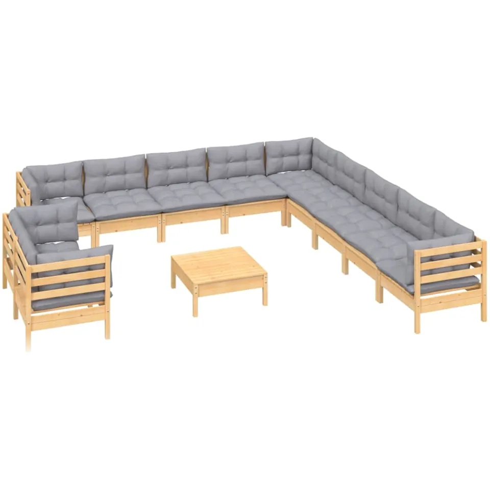 vidaXL 12-delige Loungeset met grijze kussens massief grenenhout Grijs