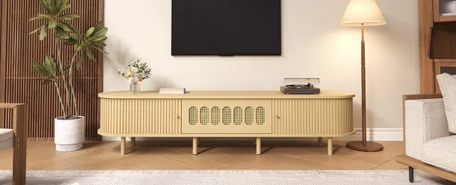 Wishdor Tv-meubel 180 x 40 x 40 cm - Rattan design - Klapdeur en twee roldeuren - 5 gesloten vakken - MDF - Naturel - Woonkamer Natural