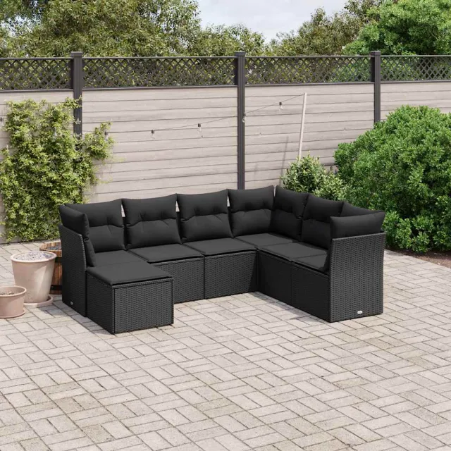 vidaXL 7-delige Loungeset met kussens poly rattan zwart, foto 2