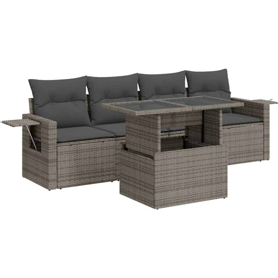 vidaXL 5-delige Loungeset met kussens poly rattan grijs, foto 3