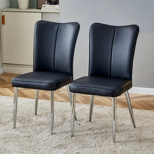OKWISH Eetkamerstoel 89 Cm – Set Van 2 Met Ergonomische Rugleuning – Voor Eetkamer Kantoor Of Restaurant – Pu Leer Met Metalen Poten – Zwart Zilver