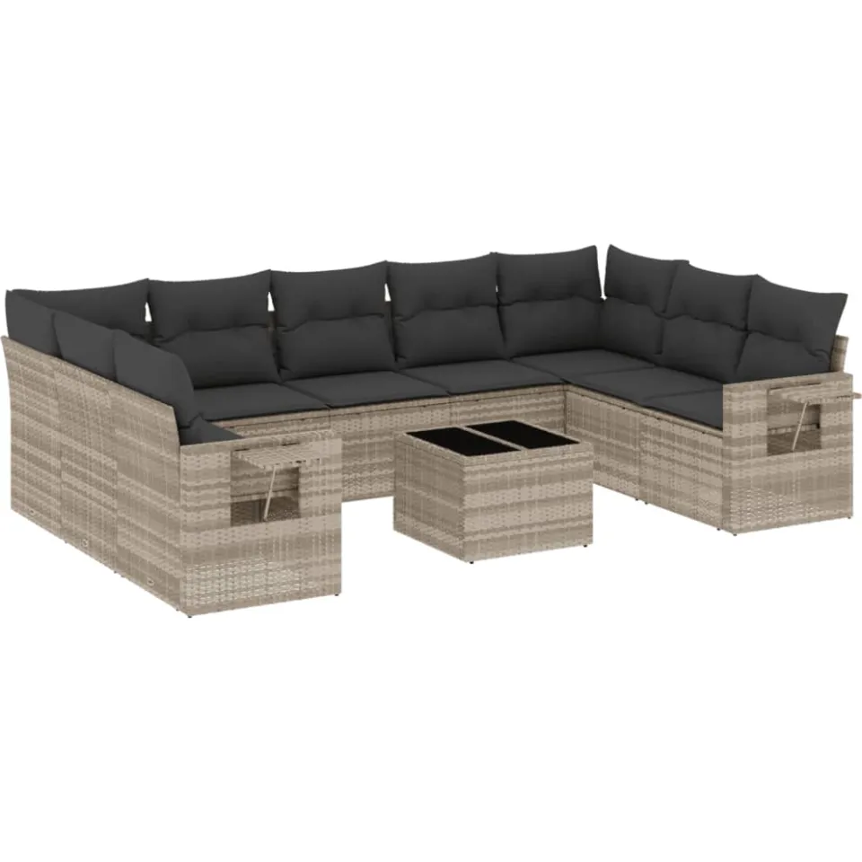 vidaXL 10-delige Loungeset met kussens poly rattan lichtgrijs