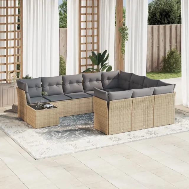 vidaXL 11-delige Tuinset met kussens poly rattan beige, foto 2