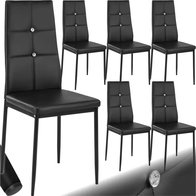 Tectake Moderne Stoelen - Set Stoelen met Kunstleren Bekleding en Strass-Steentjes - Geschikt als Keukenstoel, Eetkamerstoel of Gestoffeerde Stoel voor Woonkamer, Eettafel, Bar (Zwart, set van 6)