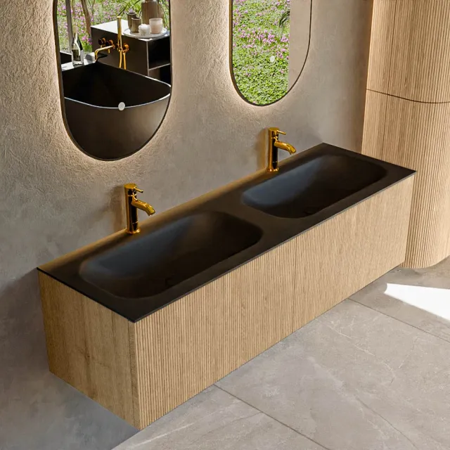 Mondiaz KURVE 150 cm Onderkast Greeploos 2 Lades Zonder Deuren Oak, Wastafel Solid Surface Dubbel Urban 2 Kraangaten Zonder Spiegel (KRVBGS1502L0D2KD-Oak/Urb)