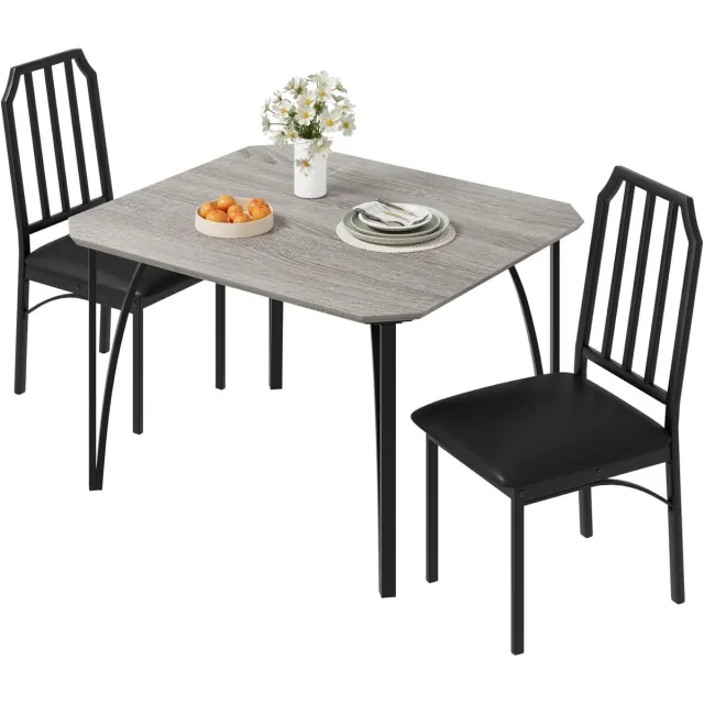 HOERFURIY 3-delige Eettafel Set voor 2 Personen - Compacte Keukentafel met 2 Gestoffeerde Stoelen - Industrieel Design - Hout en Metaal - 74x74x76 cm - Grijs