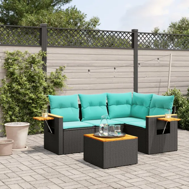 vidaXL 5-delige Loungeset met kussens poly rattan zwart, foto 2