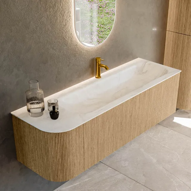 Mondiaz KURVE-DLUX 145 cm Onderkast Greeploos 1 Lade Met Deuren Oak, Wastafel Solid Surface Rechts Ostra 1 Kraangat Zonder Spiegel (KRVBGL145L1L1D1KR-Oak/Ost)