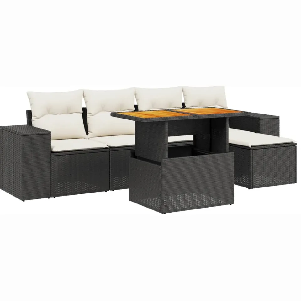 vidaXL 6-delige Loungeset met kussens poly rattan zwart