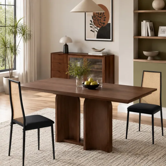 MEXUS Set van 2 - gestoffeerde Eetkamerstoelen - met rotan rugleuning - metalen frame - Keukenstoel - voor woonkamer, eetkamer - maximaal 150 kg - rustieke stijl - Zwart 44x43x98cm