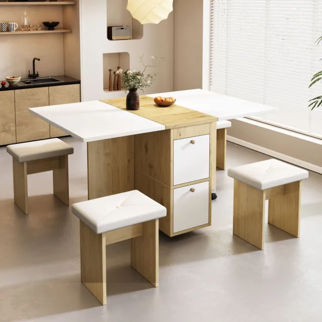 FloraGrace Eettafelset - Uitschuifbare En Inklapbare Tafel Met 4 Stoelen - Voor Eetkamer En Werkkamer - Spaanplaat - Wit Eiken