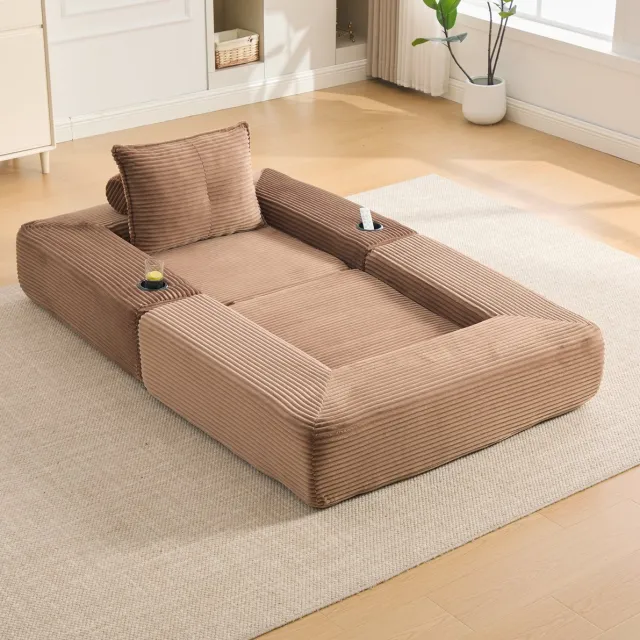MEUNIQ slaapbank 1-zits 122 x 98 x 80 cm met slaapfunctie, zijvak, bekerhouder en afneembare armleuning, corduroy bruin voor woonkamer of appartement