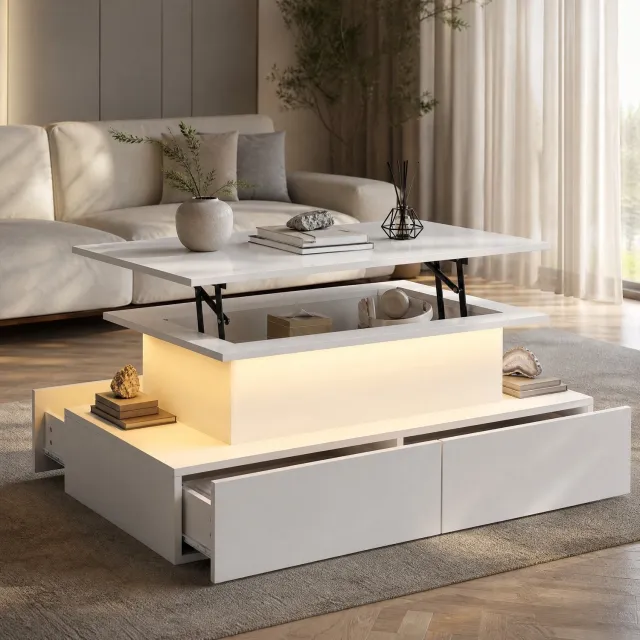 WUVRIE Salontafel 90x55x41 cm - LED-verlichting, uitschuifbaar blad en 4 lades - Wit
