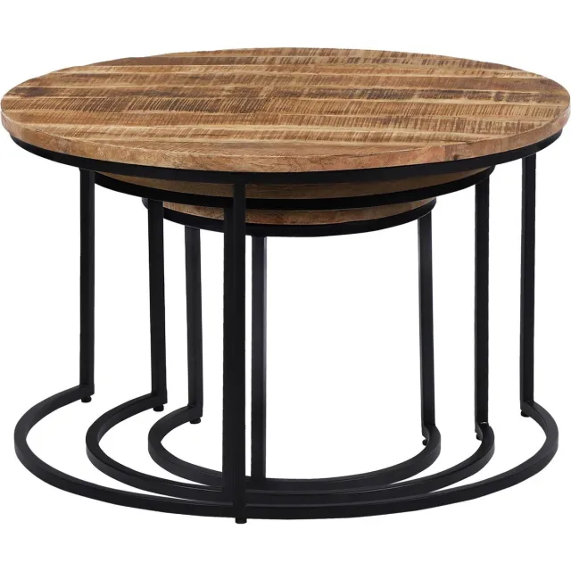 womo-design set van 3 bijzettafels naturel/zwart, Ø 67/50/35 cm, gemaakt van massief mangohout en gepoedercoat metalen frame