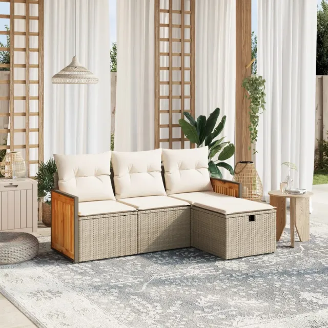 vidaXL 4-delige Loungeset met kussens poly rattan beige, foto 2