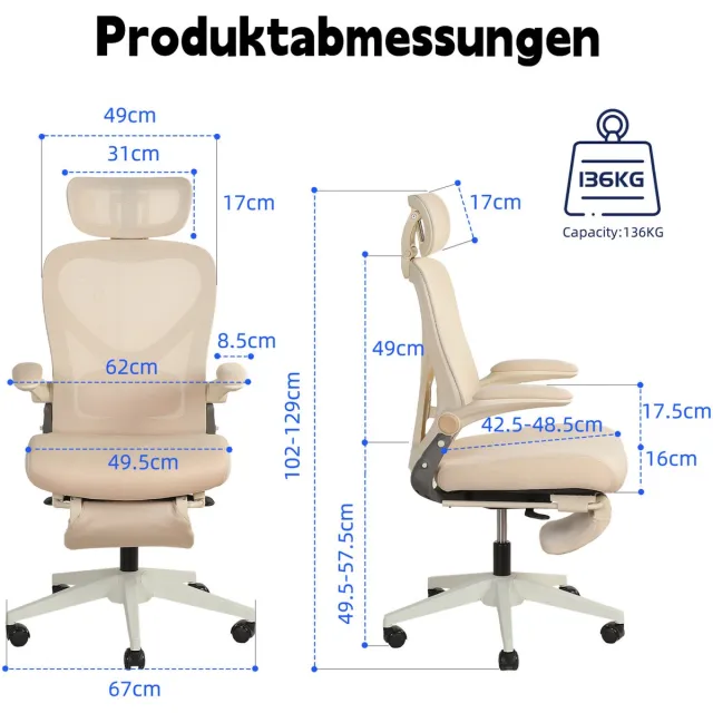 DESMIU Bureaustoel 102-129 cm - Ergonomisch En Inklapbaar - Verstelbare Lendensteun En 3D Hoofdsteun - Voor Kantoor En Studie En Gamen - Mesh Crème