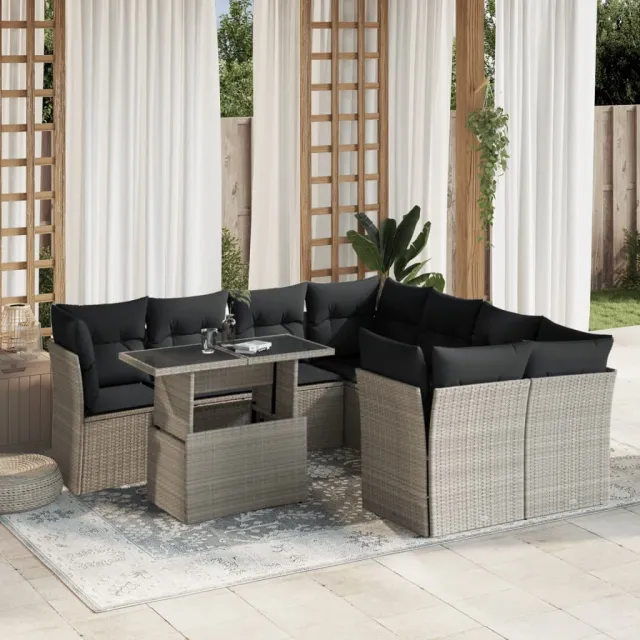 vidaXL 9-delige Loungeset met kussens poly rattan lichtgrijs grijs, foto 2