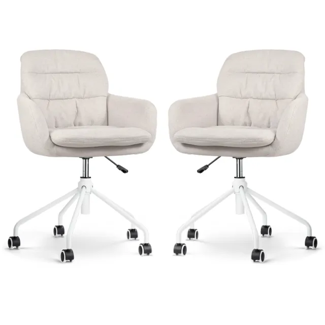 Nolon Nout-Mia Bureaustoelen Set van 2 Beige - met Armleuning - Stof - Verstelbaar - Wieltjes - Wit Onderstel Beige - Wit onderstel