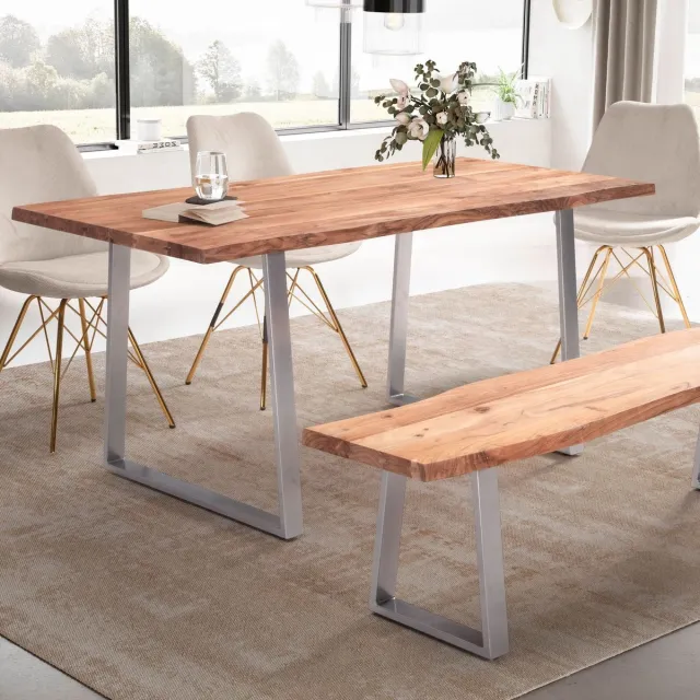 Wohnling eetkamertafel 140x80x76 cm acacia massief hout / metaal eettafel boomrand, keukentafel massief met trapeziumvormige poten in chroom, houten tafel eettafel eetkamer rechthoekig - WL7.247 Zie omschrijving