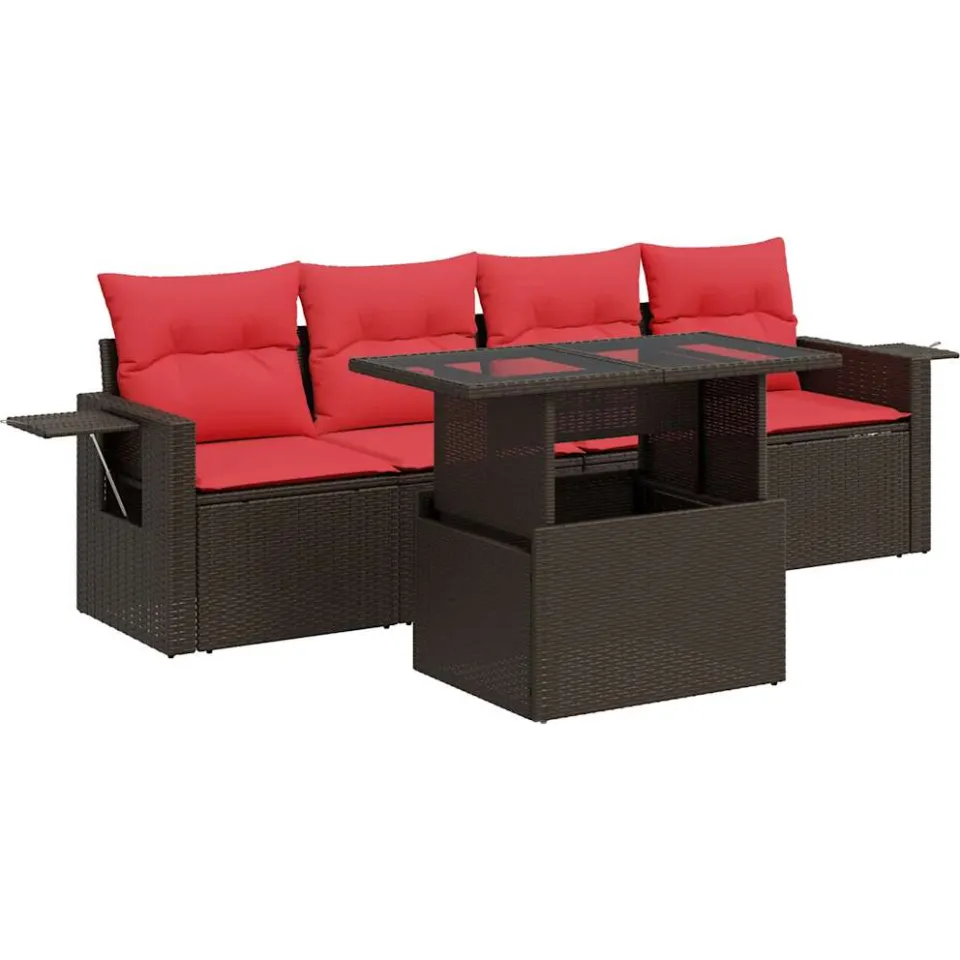vidaXL 5-delige Loungeset met kussens poly rattan acacia bruin, foto 3