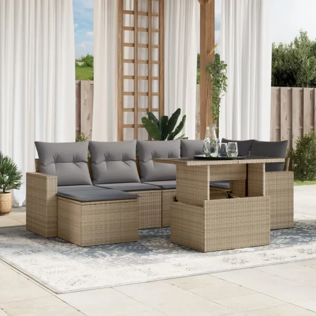 vidaXL 7-delige Loungeset met kussens poly rattan beige, foto 2