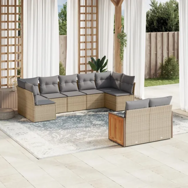 vidaXL 9-delige Loungeset met kussens poly rattan beige, foto 2