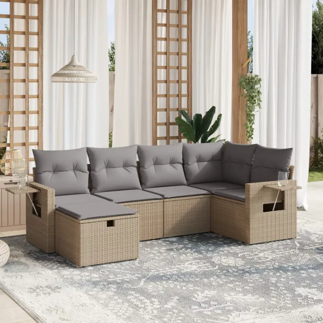 vidaXL 6-delige Loungeset met kussens poly rattan gemengd beige, foto 2