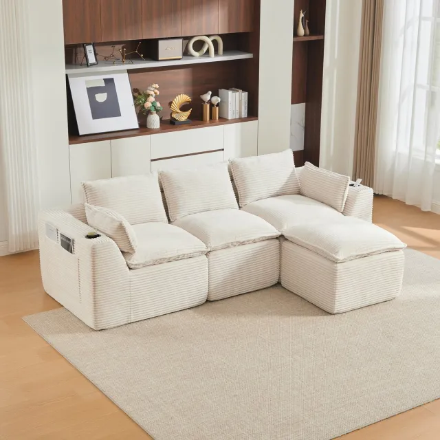 OKWISH Hoekbank 256 x 161 cm - Modulair 3-Zits Met Hocker, Kussens En Zijvakken - Voor Woonkamer - Corduroy - Beige