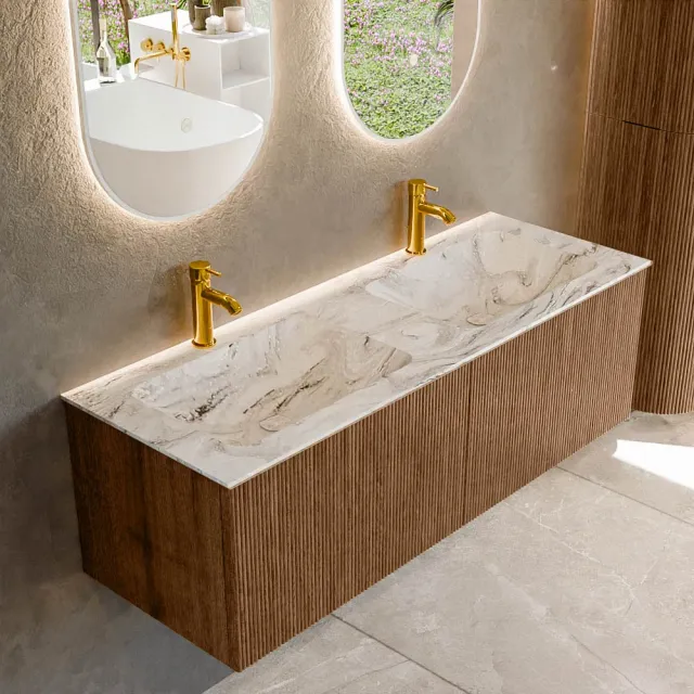 Mondiaz KURVE-DLUX 130 cm Onderkast Greeploos 2 Lades Zonder Deuren Walnut, Wastafel Solid Surface Dubbel Glace 2 Kraangaten Zonder Spiegel (KRVLEA1302L0D2KD-Wal/Gla)