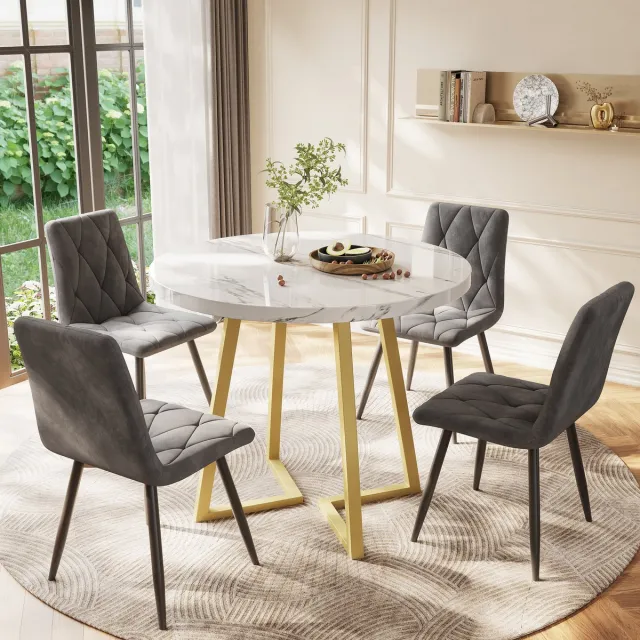 OKWISH Eettafels 80x80x75cm - Eettafel Rond met Klassiek Marmerpatroon - Modern Design Onderstel - Metaal - Goudkleurig
