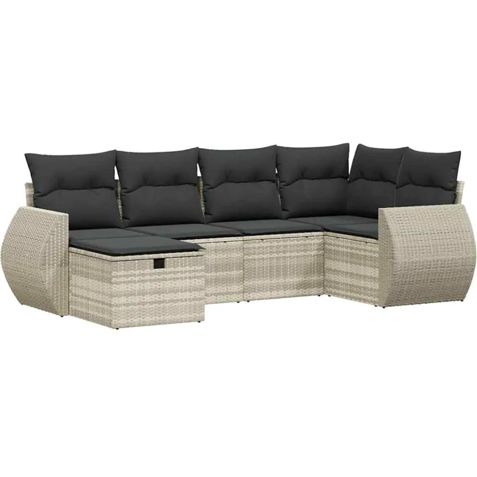vidaXL 6-delige Loungeset met kussens poly rattan lichtgrijs grijs, foto 3
