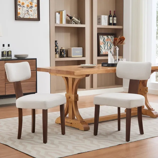 Triumpunpre Set van 2 Eetkamerstoelen - Mid‑Century Moderne Gestoffeerde Stoelen - Houten Frame - Ergonomische Rugleuning voor Keuken en Eetkamer - Linnen | Gebroken Wit