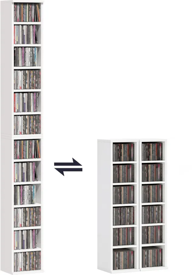 Lunpog CD- DVD- en Blu-ray-rek - plaats voor 204 cd's - 2 stuks - Stapelbaar - 21x22,5x88,5 cm - Wit Weiß