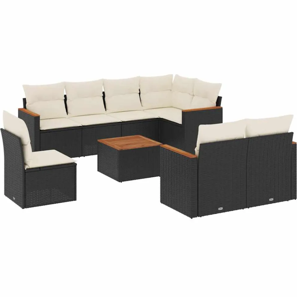vidaXL 9-delige Loungeset met kussens poly rattan zwart