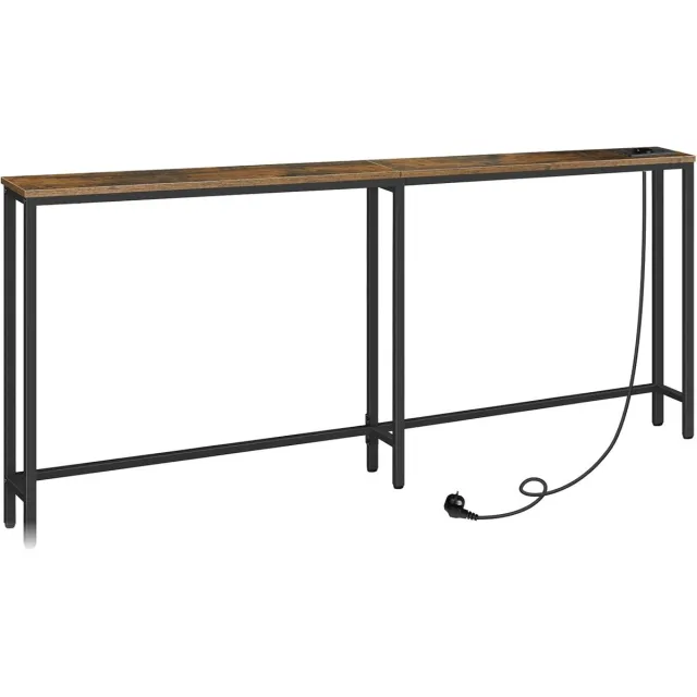 Homesy Smalle consoletafel met stekkerdoos, 180 x 15 x 80 cm consoletafel met laadstation, smalle banktafel, console achter de bank, voor entree, hal, Vintage Bruin en Zwart Vintage Bruin + Zwart