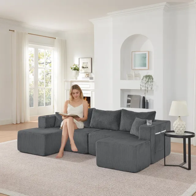 Wishdor Modulaire 3-Zits Hoekbank - Verplaatsbare Ottomans En Bekerhouders - Modern Ontwerp Voor Woonkamer - Zachte Ribstof En Schuim - Grijs