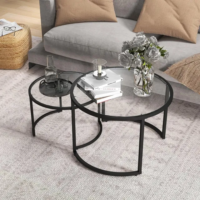 Sweiko Salontafel - Set van 2 - Ronde stapelbare tafels - Glazen tafelblad - Zwart