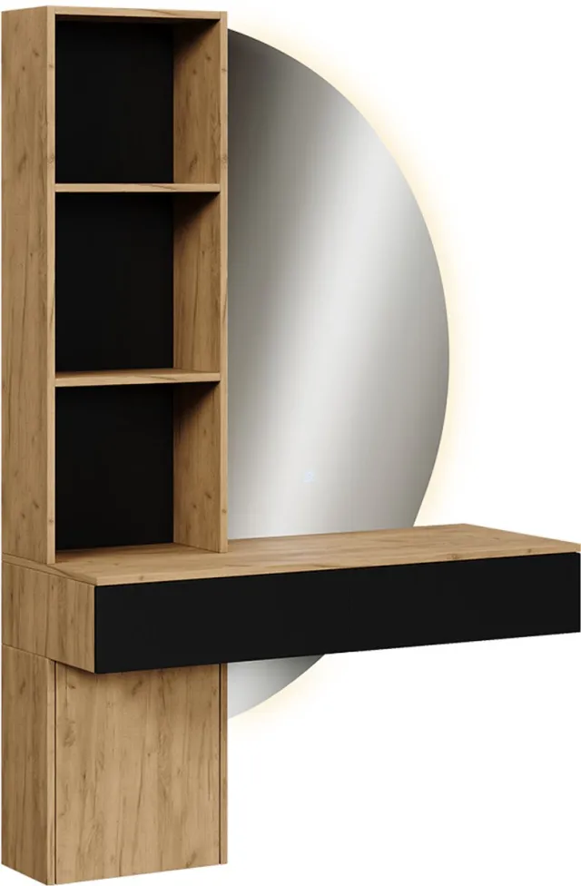 Vicco Kaptafel met licht Melora, Eiken/Zwart, 100 cm met LED-spiegel