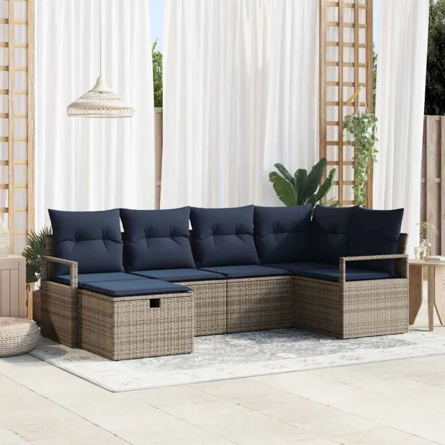 vidaXL Bankstel 6 st Grijs en Marineblauw poly rattan